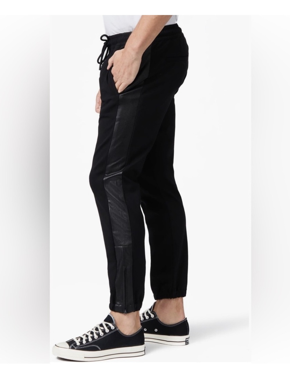 Paige Men's Black Joggers with Faux Leather Side Stripe  - Medium